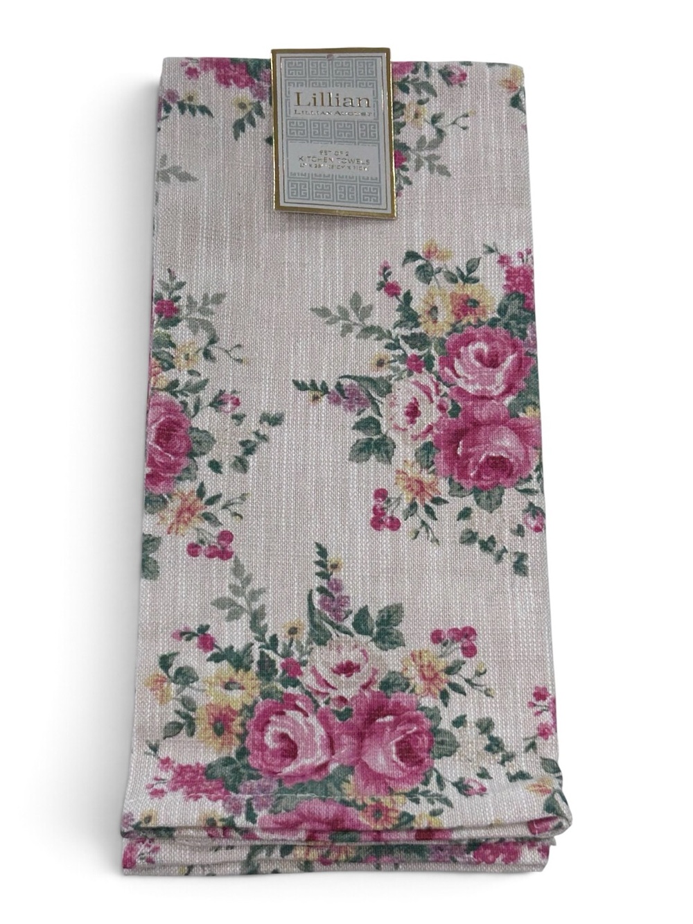 Lillian August Kitchen Towels (2) Cottage Roses Floral Cotton Poly Tea